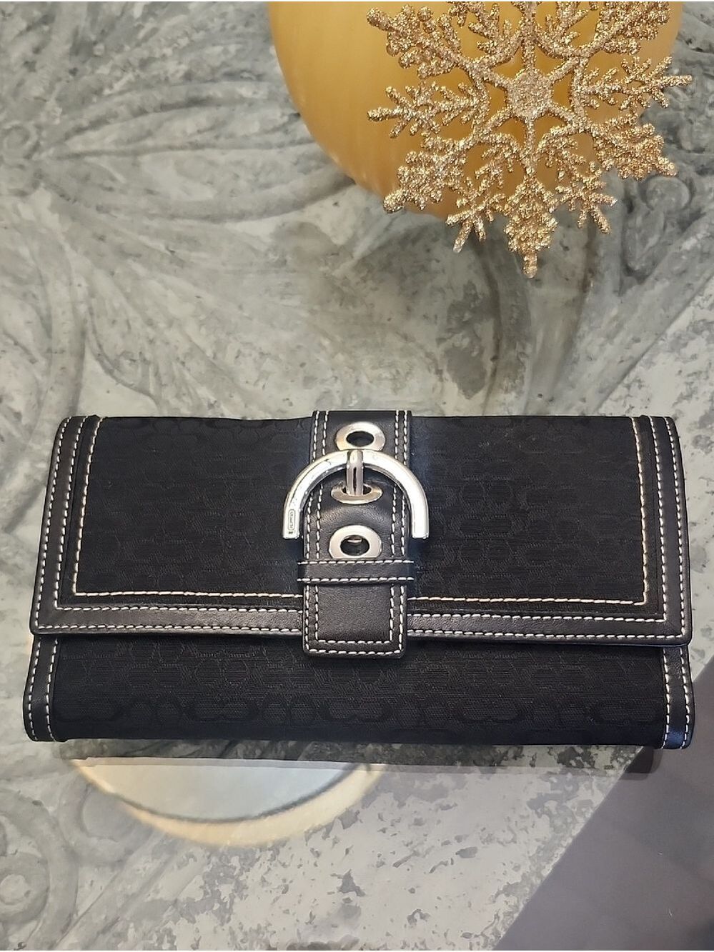 COACH WALLET, WOMEN'S, BLACK, ENVELOPE, TRI-FOLD, SIGNATURE Leather & CANVAS New